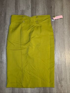 New York & Company Chartreuse High-Waist Pencil Skirt with Button Detail
